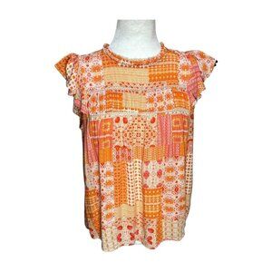 Rose & Olive Babydoll Top Small Orange Pink Patchwork Print Flutter Sleeve Boho